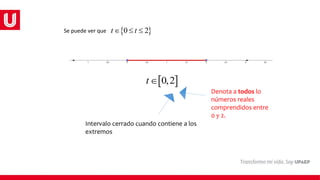 Se puede ver que  
0 2
t t
  
 
0,2
t
Intervalo cerrado cuando contiene a los
extremos
Denota a todos lo
números reales
comprendidos entre
0 y 2.
 