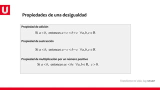 Propiedades de una desigualdad
Propiedad de adición
Propiedad de sustracción
Propiedad de multiplicación por un número positivo
Si , entonces , , R
a b a c b c a b c
     
Si , entonces , , R
a b a c b c a b c
     
Si , entonces , R, 0.
a b ac bc a b c
    
 