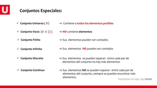  Conjunto Universo ( 𝑼) ⇒ Contiene a todos los elementos posibles
 Conjunto Vacío (∅ ó { } ) ⇒ NO contiene elementos
 Conjunto Finito ⇒ Sus elementos pueden ser contados
 Conjunto Infinito ⇒ Sus elementos NO pueden ser contados
 Conjunto Discreto ⇒ Sus elementos se pueden separar: entre cada par de
elementos del conjunto no hay más elementos
 Conjunto Continuo ⇒ Sus elementos NO se pueden separar: entre cada par de
elementos del conjunto, siempre se pueden encontrar más
elementos.
Conjuntos Especiales:
 