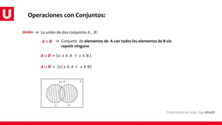 Unión
⇒ Conjunto de elementos de A con todos los elementos de B sin
repetir ninguno
⇒ La unión de dos conjuntos 𝐴 , 𝐵:
𝑨 ∪ 𝑩
𝑨 ∪ 𝑩 = 𝑥: 𝑥 ∈ 𝐴 ∨ 𝑥 ∈ B
𝑨 ∪ 𝑩 = 𝑥 𝑥 ∈ 𝐴 ó 𝑥 ∈ B
Operaciones con Conjuntos:
 