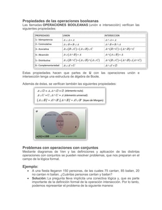 Propiedades de las operaciones booleanas
Las llamadas OPERACIONES BOOLEANAS (unión e intersección) verifican las
siguientes propiedades:
Estas propiedades hacen que partes de U con las operaciones unión e
intersección tenga una estructura de álgebra de Boole.
Además de éstas, se verifican también las siguientes propiedades:
Problemas con operaciones con conjuntos
Mediante diagramas de Ven y las definiciones y aplicación de las distintas
operaciones con conjuntos se pueden resolver problemas, que nos preparan en el
campo de la lógica formal.
Ejemplo:
 A una fiesta llegaron 150 personas, de las cuales 75 cantan, 85 bailan, 20
no cantan ni bailan. ¿Cuántas personas cantan y bailan?
 Solución: La pregunta lleva implícita una conectiva lógica y, que es parte
importante de la definición formal de la operación intersección. Por lo tanto,
podemos representar el problema de la siguiente manera:
 