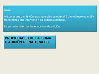 SUMA:

Al sumar dos o más números naturales se obtendrá otro número natural y
los términos que interviene n se llaman sumandos.

La suma también recibe el nombre de adición



PROPIEDADES DE LA SUMA
O ADICIÓN DE NATURALES
 