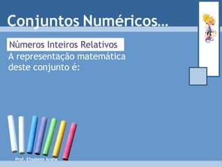 Números Inteiros Relativos A representação matemática deste conjunto é: Conjuntos Numéricos… Prof. Elisabete Arana 