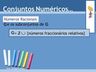 Números Racionais Conjuntos Numéricos… Prof. Elisabete Arana e os subconjuntos de   Q Q =     {números fraccionários relativos} Q Z 