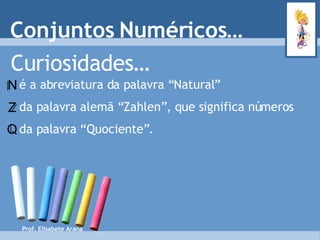 Curiosidades… é a abreviatura da palavra “Natural” da palavra alemã “Zahlen”, que significa números da palavra “Quociente”. Conjuntos Numéricos… Prof. Elisabete Arana Q Z N 
