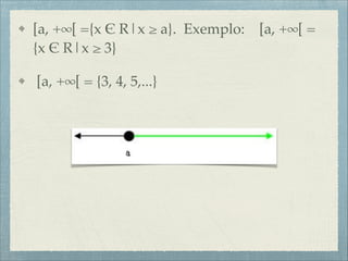 [a, +∞[ ={x $ R|x ≥ a}. Exemplo: [a, +∞[ =
{x $ R|x ≥ 3}!
[a, +∞[ = {3, 4, 5,...}
 