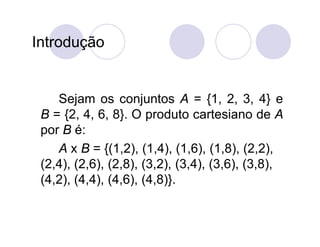 Introdução


    Sejam os conjuntos A = {1, 2, 3, 4} e
 B = {2, 4, 6, 8}. O produto cartesiano de A
 por B é:
    A x B = {(1,2), (1,4), (1,6), (1,8), (2,2),
 (2,4), (2,6), (2,8), (3,2), (3,4), (3,6), (3,8),
 (4,2), (4,4), (4,6), (4,8)}.
 