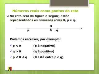 Números reais como pontos da reta Na reta real da figura a seguir, estão representados os números reais 0, p e q. O 0 q p Podemos escrever, por exemplo: p < 0 (p é negativo) q > 0 (q é positivo) p < 0 < q (0 está entre p e q) 