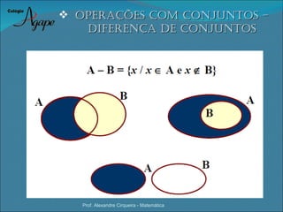  oPeraÇÕes coM coNJuNtos –
   DifereNÇa De coNJuNtos




   Prof. Alexandre Cirqueira - Matemática
 