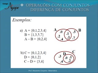  oPeraÇÕes coM coNJuNtos –
   DifereNÇa De coNJuNtos




   Prof. Alexandre Cirqueira - Matemática
 