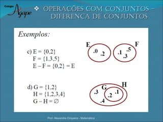  oPeraÇÕes coM coNJuNtos –
   DifereNÇa De coNJuNtos




   Prof. Alexandre Cirqueira - Matemática
 