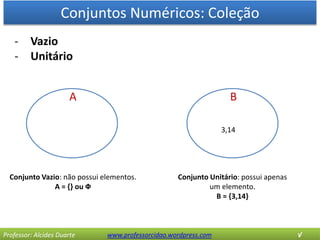 Conjuntos Numéricos: Coleção
Professor: Alcides Duarte www.professorcidao.wordpress.com √
- Vazio
- Unitário
Conjunto Vazio: não possui elementos.
A = {} ou Ф
A
Conjunto Unitário: possui apenas
um elemento.
B = {3,14}
B
3,14
 