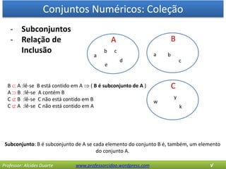 Conjuntos Numéricos: Coleção
Professor: Alcides Duarte www.professorcidao.wordpress.com √
- Subconjuntos
- Relação de
Inclusão
Subconjunto: B é subconjunto de A se cada elemento do conjunto B é, também, um elemento
do conjunto A.
A
a
e
d
cb
B
a
c
b
C
w
k
y
B  A :lê-se B está contido em A  ( B é subconjunto de A )
A  B :lê-se A contém B
C  B :lê-se C não está contido em B
C  A :lê-se C não está contido em A
 