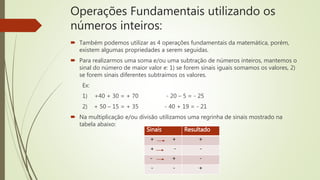 Operações Fundamentais utilizando os
números inteiros:
 Também podemos utilizar as 4 operações fundamentais da matemática, porém,
existem algumas propriedades a serem seguidas.
 Para realizarmos uma soma e/ou uma subtração de números inteiros, mantemos o
sinal do número de maior valor e: 1) se forem sinais iguais somamos os valores, 2)
se forem sinais diferentes subtraímos os valores.
Ex:
1) +40 + 30 = + 70 - 20 – 5 = - 25
2) + 50 – 15 = + 35 - 40 + 19 = - 21
 Na multiplicação e/ou divisão utilizamos uma regrinha de sinais mostrado na
tabela abaixo:
Sinais Resultado
+ + +
+ - -
- + -
- - +
 