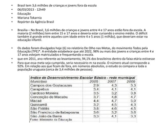 • Brasil tem 3,6 milhões de crianças e jovens fora da escola
• 06/03/2013 - 12h49
• Educação
• Mariana Tokarnia
• Repórter da Agência Brasil
• Brasília – No Brasil, 3,6 milhões de crianças e jovens entre 4 e 17 anos estão fora da escola. A
maioria (2 milhões) tem entre 15 e 17 anos e deveria estar cursando o ensino médio. O déficit
também é grande entre aqueles com idade entre 4 e 5 anos (1 milhão), que deveriam estar na
educação infantil.
• Os dados foram divulgados hoje (6) no relatório De Olho nas Metas, do movimento Todos pela
Educação (TPE)*. A entidade estabelece que até 2022, 98% ou mais dos jovens e crianças entre 4 e
17 anos estejam matriculados e frequentando a escola.
• que em 2011, ano referente ao levantamento, 94,1% dos brasileiros dentro da faixa etária estivesse
• Para que essa meta seja cumprida, seria necessário m na escola. O número atual corresponde a
92%. Em relação aos que ficam de fora, em números absolutos, o estudo os compara a toda a
população uruguaia (cerca de 3,4 milhões de pessoas).
 