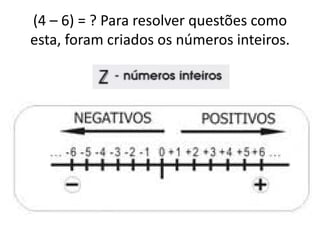 (4 – 6) = ? Para resolver questões como
esta, foram criados os números inteiros.
 