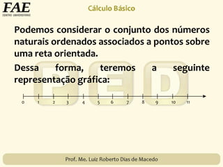 Podemos considerar o conjunto dos números
naturais ordenados associados a pontos sobre
uma reta orientada.
Dessa forma, teremos a seguinte
representação gráfica:
 