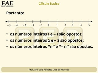 Portanto:
• os números inteiros 1 e – 1 são opostos;
• os números inteiros 2 e – 2 são opostos;
• os números inteiros “n” e “– n” são opostos.
 
