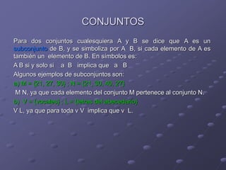 CONJUNTOS
Para dos conjuntos cualesquiera A y B se dice que A es un
subconjunto de B, y se simboliza por A B, si cada elemento de A es
también un elemento de B. En símbolos es:
A B si y solo si a B implica que a B
Algunos ejemplos de subconjuntos son:
a) M = {21, 27, 30} ; N = {21, 30, 40, 27}
M N, ya que cada elemento del conjunto M pertenece al conjunto N.
b) V = {vocales} ; L = {letras del abecedario}
V L, ya que para toda v V implica que v L.
 