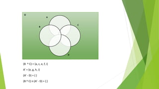 U
A
B
C
D
(B ^ C) = {a, c, e, f, i}
A’ = {e, g, h, i}
(A’ - D) = { }
(B ^ C) n (A’ - D) = { }
 