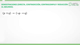 DEMOSTRACIONES (DIRECTA, CONTRADICCIÓN, CONTRAEJEMPLO Y REDUCCIÓN
AL ABSURDO).
 