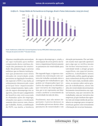 20 temas de economia aplicada
junho de 2013
Algumas considerações necessitam
ser aqui realizadas para melhor
compreensão desta contínua ele-
vação dos patamares de rotativi-
dade. Em primeiro lugar, é preciso
enfatizar que os fatores institucio-
nais que promovem esses níveis
elevados de rotatividade ainda
persistem na legislação brasileira,
em especial o FGTS e sua multa, já
sobejamente demonstrado como
principal fator impulsionador
desse comportamento. Após a ado-
ção do seguro-desemprego isto se
agravou, uma vez que o pagamento
do benefício não está associado
às chamadas ações de emprego,
situações nas quais a recolocação
somente deve ocorrer com a busca
por trabalho. Assim, a combinação
do FGTS, sua multa, a leniência
do seguro-desemprego e, ainda, a
antecipação do aviso prévio são fa-
tores a impulsionar historicamente
os patamares de rotatividade para
cima.
Em segundo lugar, o vigoroso cres-
cimento da contratação com car-
teira de trabalho assinada eleva o
contingente de trabalhadores que
podem ser dispensados (por ini-
ciativa da empresa) ou demitidos
(por iniciativa do empregado), e
isso, por si só, representa um fator
a mais a acelerar o crescimento da
rotatividade da mão de obra.
Finalmente, mas não menos im-
portante: é preciso destacar os
resultados perversos destes altos
patamares de rotatividade e em
elevação permanente. Por um lado,
um exame mais apurado apontará
para algo que se verifica mesmo
em termos internacionais: a ro-
tatividade tende a atingir grupos
específicos, em especial jovens,
mulheres, trabalhadores menos
qualificados, enfim, aqueles grupos
mais vulneráveis da força de traba-
lho. Por outro lado, incidindo sobre
estes, ou mesmo sobre outros gru-
pos de trabalhadores, níveis tão
altos de rotatividade desestimulam
fortemente investimentos em capi-
tal humano, seja por iniciativa do
trabalhador, seja por iniciativa das
empresas, já que nenhum dos agen-
tes tem um tempo médio de perma-
nência no emprego para recuperar
eventuais gastos com treinamento
e formação de recursos humanos.
Gráfico 8 – Tempo Médio de Permanência no Emprego. Brasil e Países Selecionados: 2009 (em Anos)
Fonte: StatExtracts; OCDE. BLS. Current Population Survey; MTE/RAIS. Elaboração própria.
*situação de janeiro de 2010. **vínculos formais.
 