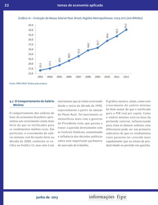 22 temas de economia aplicada
junho de 2013
4.2 O Comportamento do Salário
Mínimo
O comportamento dos salários de
base da economia brasileira apre-
sentou um crescimento ainda mais
forte do que os verificados para
os rendimentos médios reais. Em
particular, o crescimento do salá-
rio mínimo real foi muito forte na
década de 2000, conforme se ve-
rifica no Gráfico 11, mas este é um
movimento que já vinha ocorrendo
desde o início da década de 1990,
especialmente a partir da adoção
do Plano Real. Tal movimento se
intensificou mais com o governo
do Presidente Lula, que passou a
tratar a questão diretamente com
as Centrais Sindicais, aumentando
a influência das decisões políticas
sobre este importante parâmetro
do mercado de trabalho.
O gráfico mostra, ainda, como este
crescimento do salário mínimo
foi bem maior do que o verificado
para o PIB real per capita. Como
o salário mínimo está na base da
pirâmide salarial, influenciando
para cima os demais salários, este
diferencial pode ser um primeiro
indicativo de que os rendimentos
reais parecem ter crescido mais
rapidamente que os níveis de pro-
dutividade no período em questão.
Gráfico 10 – Evolução da Massa Salarial Real. Brasil, Regiões Metropolitanas: 2003-2012 (em Bilhões)
Fonte: PME/IBGE. Elaboração própria.
 