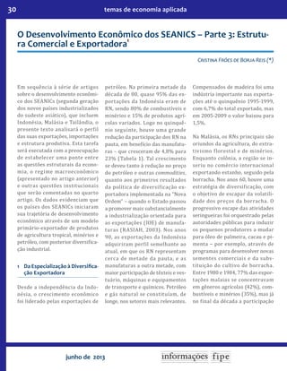 30 temas de economia aplicada
junho de 2013
O Desenvolvimento Econômico dos SEANICS – Parte 3: Estrutu-
ra Comercial e Exportadora1
CRISTINA FRÓES DE BORJA REIS (*)
Em sequência à série de artigos
sobre o desenvolvimento econômi-
co dos SEANICs (segunda geração
dos novos países industrializados
do sudeste asiático), que incluem
Indonésia, Malásia e Tailândia, o
presente texto analisará o per il
das suas exportações, importações
e estrutura produtiva. Esta tarefa
será executada com a preocupação
de estabelecer uma ponte entre
as questões estruturais da econo-
mia, o regime macroeconômico
(apresentado no artigo anterior)
e outras questões institucionais
que serão comentadas no quarto
artigo. Os dados evidenciam que
os países dos SEANICs iniciaram
sua trajetória de desenvolvimento
econômico através de um modelo
primário-exportador de produtos
de agricultura tropical, minérios e
petróleo, com posterior diversi ica-
ção industrial.
1 Da Especialização à Diversiﬁca-
ção Exportadora
Desde a independência da Indo-
nésia, o crescimento econômico
foi liderado pelas exportações de
petróleo. Na primeira metade da
década de 80, quase 95% das ex-
portações da Indonésia eram de
RN, sendo 80% de combustíveis e
minérios e 15% de produtos agrí-
colas variados. Logo no quinquê-
nio seguinte, houve uma grande
redução da participação dos RN na
pauta, em bene ício das manufatu-
ras – que cresceram de 4,8% para
23% (Tabela 1). Tal crescimento
se deveu tanto à redução no preço
do petróleo e outras commodities,
quanto aos primeiros resultados
da política de diversi icação ex-
portadora implementada na “Nova
Ordem” – quando o Estado passou
a promover mais substancialmente
a industrialização orientada para
as exportações (IOE) de manufa-
turas (RASIAH, 2003). Nos anos
90, as exportações da Indonésia
adquiriram per il semelhante ao
atual, em que os RN representam
cerca de metade da pauta, e as
manufaturas a outra metade, com
maior participação de têxteis e ves-
tuário, máquinas e equipamentos
de transporte e químicos. Petróleo
e gás natural se constituíam, de
longe, nos setores mais relevantes.
Compensados de madeira foi uma
indústria importante nas exporta-
ções até o quinquênio 1995-1999,
com 6,7% do total exportado, mas
em 2005-2009 o valor baixou para
1,5%.
Na Malásia, os RNs principais são
oriundos da agricultura, do extra-
tivismo lorestal e de minérios.
Enquanto colônia, a região se in-
seriu no comércio internacional
exportando estanho, seguido pela
borracha. Nos anos 60, houve uma
estratégia de diversi icação, com
o objetivo de escapar da volatili-
dade dos preços da borracha. O
progressivo escape das atividades
seringueiras foi orquestrado pelas
autoridades públicas para induzir
os pequenos produtores a mudar
para óleo de palmeira, cacau e pi-
menta − por exemplo, através de
programas para desenvolver novas
sementes comerciais e da subs-
tituição do cultivo de borracha.
Entre 1980 e 1984, 77% das expor-
tações malaias se concentravam
em gêneros agrícolas (42%), com-
bustíveis e minérios (35%), mas já
no inal da década a participação
 