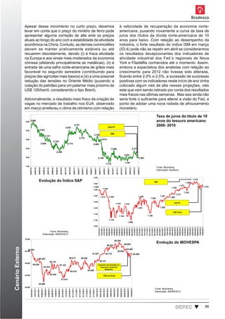Apesar desse movimento no curto prazo, devemos                                     à velocidade de recuperação da economia norte-
                  levar em conta que o preço do minério de ferro pode                                americana, puxando novamente a curva da taxa de
                  apresentar alguma correção de alta ante os preços                                  juros dos títulos da dívida norte-americana de 10
                  atuais ao longo do ano com a estabilidade da atividade                             anos para baixo. Com relação ao desempenho da
                  econômica na China. Contudo, as demais commodities                                 indústria, o forte resultado do índice ISM em março
                  devem se manter praticamente estáveis ou até                                       (53,4) pode não se repetir em abril se considerarmos
                  recuarem discretamente, devido (i) à fraca atividade                               os resultados decepcionantes dos indicadores de
                  na Europa e aos sinais mais moderados da economia                                  atividade industrial dos Fed´s regionais de Nova
                  chinesa (afetando principalmente as metálicas), (ii) à                             York e Filadélfia conhecidos até o momento. Assim,
                  entrada de uma safra norte-americana de grãos mais                                 embora a expectativa dos analistas com relação ao
                  favorável no segundo semestre (contribuindo para                                   crescimento para 2012 não tivesse sido alterada,
                  preços das agrícolas mais baixos) e (iii) a uma possível                           ficando entre 2,0% e 2,5%, a sucessão de surpresas
                  redução das tensões no Oriente Médio (puxando a                                    positivas com os indicadores neste início de ano vinha
                  cotação do petróleo para um patamar mais próximo de                                colocado algum viés de alta nessas projeções, viés
                  US$ 120/barril, considerando o tipo Brent).                                        este que vem sendo retirado por conta dos resultados
                                                                                                     mais fracos nas últimas semanas. Mas isso ainda não
                  Adicionalmente, o resultado mais fraco da criação de seria forte o suficiente para alterar a visão do Fed, a
                  vagas no mercadoJUROS DO TÍTULO DE 10 ANOS DO TESOURO AMERICANO 2006- 2010. Fonte: ponto de adotar uma nova rodada de afrouxamento
                               Bloomberg de trabalho nos EUA observado
                               TAXA DE


                  em março arrefeceu o clima de otimismo com relação monetário.

                                                                                                                                                                                                                                                                                                                                                                                                                                                                            Taxa de juros do título de 10
                  4,00 3,986                                                                                                                                                                                                                                                                                                                                                                                                                                                anos do tesouro americano
                                                                                                                                                                  3,532
                                                                                                                                                                                                   3,737
                                                                                                                                                                                                                                                                                                                                       payroll
                                                                                                                                                                                                                                                                                                                                                                                                                                                                            2006- 2010
                  3,50                                       3,541
                                                                                                                                                                                                                                                                                                                                                ISM
                                                                                                                                                                                                                                                                                3,182
                                                                                 3,121
                                                                                                                                                                                                                     3,170
                  3,00                                                                                                                                                                                                                                                                                         3,014
                                                                                                                   2,792
                                                                  2,949                                                                                                      2,773                                                                                            2,864
                  2,50                                                                                                                                                                                                                                                                                                                             2,396                                                                           2,377
                                                                                                                               2,398
                                                                                                                                                                                                                                                                                                                                                                                                      2,051
                  2,00                                                                                                                                                                                                                                                                          2,106                                                                                                                                                    1,967

                                                                                                                                                                                                                                                                                                                                                                                                        1,797
                                                                                                                                                                                                                                                                                                                                1,718
                  1,50                                                                                                                                                                                                                                                                                                                                                                                                                                           Índice S&P
                                                                                                                                                                                                                                                                                                                                                                                                                                                                            Fonte: Bloomberg
                         20/03/10

                                        20/04/10

                                                        20/05/10

                                                                         20/06/10

                                                                                            20/07/10

                                                                                                           20/08/10

                                                                                                                            20/09/10

                                                                                                                                            20/10/10

                                                                                                                                                               20/11/10

                                                                                                                                                                              20/12/10

                                                                                                                                                                                              20/01/11

                                                                                                                                                                                                               20/02/11

                                                                                                                                                                                                                                 20/03/11

                                                                                                                                                                                                                                                20/04/11

                                                                                                                                                                                                                                                                20/05/11

                                                                                                                                                                                                                                                                                 20/06/11

                                                                                                                                                                                                                                                                                                    20/07/11

                                                                                                                                                                                                                                                                                                                   20/08/11

                                                                                                                                                                                                                                                                                                                                    20/09/11

                                                                                                                                                                                                                                                                                                                                                    20/10/11

                                                                                                                                                                                                                                                                                                                                                                       20/11/11

                                                                                                                                                                                                                                                                                                                                                                                      20/12/11

                                                                                                                                                                                                                                                                                                                                                                                                       20/01/12

                                                                                                                                                                                                                                                                                                                                                                                                                        20/02/12

                                                                                                                                                                                                                                                                                                                                                                                                                                          20/03/12

                                                                                                                                                                                                                                                                                                                                                                                                                                                     20/04/12




                                                                                                                                                                                                                                                                                                                                                                                                                                                                            Elaboração: Bradesco


                                                                                                                                                                                                                                                                             1.450

                                                           Evolução do Índice S&P                                                                                                                                                                                                                                                                                                                                                                                        ISM                               1.394
                                                                                                                                                                                                                                                                                                                                                                                                                                                                                                                   1.419

                                                                                                                                                                                                                                                                             1.400
                                                                                                                                                                                                                                                                                                                                                                                                                                                                                                   1.372
                                                                                                                                                                                                                                                                             1.353                                                                                                                                                                                                       1.345                             1.375
                                                                                                                                                                                                                                                                             1.350
                                                                                                                                                                                                                                                                                                                   1.344
                                                                                                                                                                                                                                                                                                                                                                                                                                                                                                        1.343
                                                                                                                                                                                                                                                                                                                                                                                                                                                                                                1.312
                                                                                                                                                                                                                                                                             1.300                                                                                                                                                                      1.285                  1.281
                                                                                                                                                                                                                                                                                                         1.314                               1.292                                                                                                                                      1.289
                                                                                                                                                                                                                                                                                                                                                                                                                                                                    1.258
                                                                                                                                                                                                                                                                             1.250
                                                                                                                                                                                                                                                                                                                                                                                                                                                                                            payroll
                                                                                                                                                                                                                                                                                                                                                                   1.219                              1.216
                                                                                                                                                                                                                                                                             1.200                                                                                                                                                                   1.201                     1.205

                                                                                                                                                                                                                                                                                                                                                                                                                                                                                           PIB China
                                                                                                                                                                                                                                                                             1.150
                                                                                                                                                                                                                                                                                                                                                                                  1.154                                                                          1.159

                                                                                                                                                                                                                                                                             1.100                                                           1.119
                                                                                                                                                                                                                                                                                                                                                                                                                   1.099
                                                                                                                                                                                                                                                                             1.050
                                                                                                                                                                                                                                                                                               07/07/2011
                                                                                                                                                                                                                                                                                               14/07/2011
                                                                                                                                                                                                                                                                                               21/07/2011
                                                                                                                                                                                                                                                                                               28/07/2011
                                                                                                                                                                                                                                                                                               04/08/2011
                                                                                                                                                                                                                                                                                               11/08/2011
                                                                                                                                                                                                                                                                                               18/08/2011
                                                                                                                                                                                                                                                                                               25/08/2011
                                                                                                                                                                                                                                                                                               01/09/2011
                                                                                                                                                                                                                                                                                               08/09/2011
                                                                                                                                                                                                                                                                                               15/09/2011
                                                                                                                                                                                                                                                                                               22/09/2011
                                                                                                                                                                                                                                                                                               29/09/2011
                                                                                                                                                                                                                                                                                               06/10/2011
                                                                                                                                                                                                                                                                                               13/10/2011
                                                                                                                                                                                                                                                                                               20/10/2011
                                                                                                                                                                                                                                                                                               27/10/2011
                                                                                                                                                                                                                                                                                               03/11/2011
                                                                                                                                                                                                                                                                                               10/11/2011
                                                                                                                                                                                                                                                                                               17/11/2011
                                                                                                                                                                                                                                                                                               24/11/2011
                                                                                                                                                                                                                                                                                               01/12/2011
                                                                                                                                                                                                                                                                                               08/12/2011
                                                                                                                                                                                                                                                                                               15/12/2011
                                                                                                                                                                                                                                                                                               22/12/2011
                                                                                                                                                                                                                                                                                               29/12/2011
                                                                                                                                                                                                                                                                                               05/01/2012
                                                                                                                                                                                                                                                                                               12/01/2012
                                                                                                                                                                                                                                                                                               19/01/2012
                                                                                                                                                                                                                                                                                               26/01/2012
                                                                                                                                                                                                                                                                                               02/02/2012
                                                                                                                                                                                                                                                                                               09/02/2012
                                                                                                                                                                                                                                                                                               16/02/2012
                                                                                                                                                                                                                                                                                               23/02/2012
                                                                                                                                                                                                                                                                                               01/03/2012
                                                                                                                                                                                                                                                                                               08/03/2012
                                                                                                                                                                                                                                                                                               15/03/2012
                                                                                                                                                                                                                                                                                               22/03/2012
                                                                                                                                                                                                                                                                                               29/03/2012
                                                                                                                                                                                                                                                                                               05/04/2012
                                                                                                                                                                                                                                                                                               12/04/2012
                                                                                                                                                                                                                                                                                               19/04/2012




                                                                                                                                                                 índice Bovespa em pontos
                                                                                Fonte: Bloomberg
                                                                         Elaboração: BRADESCO

                  70.000
                                                                                                                                                                                                                                                                                                                                                               68.394
                                                                                                                                                                                                                                                                                                                                                                                                     66.685
                                                                                                                                                                                                                                                                                                                                                                                                                                                                            Evolução do IBOVESPA
                                                                                                                                                                                                                                                                                                                                  66.204
Cenário Externo




                     63.891                                                                                                                                                                                                                                                                                                                                                                                     63.691
                  64.000                                                                                                                                                                                                                                                                                                                                                    65.828
                                                                                                                                                                                                                                                                          61.927                                                62.770                                                                                                    62.598

                                                           60.263                                                                                                               59.513                                       59.536
                                                                                                       58.118                                                                                                                                                                                         59.147
                  58.000
                                    58.838                                                                                                 57.103                                                                                                                                              aumento da aversão ao
                                                                               54.324                                                                                                                                                                                                            risco por conta de
                                                                                                                                                                                                                                                                                                      Espanha
                                                                                                                                                                                    54.010                                                             55.298

                  52.000                                                                               52.440
                                                                                                                                                                                                                                                                                                                     PIB da China
                                                                                                                                                  51.014

                                                          48.668
                  46.000
                                                                                                                                                                                                                                                                                                                                                                                                                                                                         Fonte: Bloomberg
                           04/07/2011
                                        14/07/2011
                                                     24/07/2011
                                                                  03/08/2011
                                                                               13/08/2011
                                                                                              23/08/2011
                                                                                                           02/09/2011
                                                                                                                        12/09/2011
                                                                                                                                     22/09/2011
                                                                                                                                                  02/10/2011
                                                                                                                                                                12/10/2011
                                                                                                                                                                             22/10/2011
                                                                                                                                                                                          01/11/2011
                                                                                                                                                                                                       11/11/2011
                                                                                                                                                                                                                    21/11/2011
                                                                                                                                                                                                                                   01/12/2011
                                                                                                                                                                                                                                                11/12/2011
                                                                                                                                                                                                                                                             21/12/2011
                                                                                                                                                                                                                                                                          31/12/2011
                                                                                                                                                                                                                                                                                       10/01/2012
                                                                                                                                                                                                                                                                                                      20/01/2012
                                                                                                                                                                                                                                                                                                                   30/01/2012
                                                                                                                                                                                                                                                                                                                                09/02/2012
                                                                                                                                                                                                                                                                                                                                             19/02/2012
                                                                                                                                                                                                                                                                                                                                                          29/02/2012
                                                                                                                                                                                                                                                                                                                                                                         10/03/2012
                                                                                                                                                                                                                                                                                                                                                                                      20/03/2012
                                                                                                                                                                                                                                                                                                                                                                                                   30/03/2012
                                                                                                                                                                                                                                                                                                                                                                                                                09/04/2012
                                                                                                                                                                                                                                                                                                                                                                                                                             19/04/2012




                                                                                                                                                                                                                                                                                                                                                                                                                                                                         Elaboração: BRADESCO




                                                                                                                                                                                                                                                                                                                                                                                                                                                                                                DEPEC                       11
 