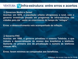 Infra-estrutura: entre erros e acertos Adaptado da revista Veja de 04-10-06 Governos Medici e Geisel Acertos: em 1970, a população urbana ultrapassou a rural, com o governo investindo pesado em progarmas de infra-estrutura nas cidades para dar  vazão ao crescimento do tempo do “milagre”. Erros: o desenvolvimento veio acompanhado de inflação. Governo FHC Acertos:  em 1998, o governo privatizou o sistema Telebrás, o que induziu a democratização do acesso dos brasileiros a telefonia. Somente no primeiro ano da privatização o número de telefones cresceu 46%. Erros:  foram mínimos se comparados aos benefícios. 