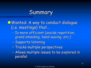 © 2010 CogNexus Institute32How to Create Shared UnderstandingDialogueListeningTransparency