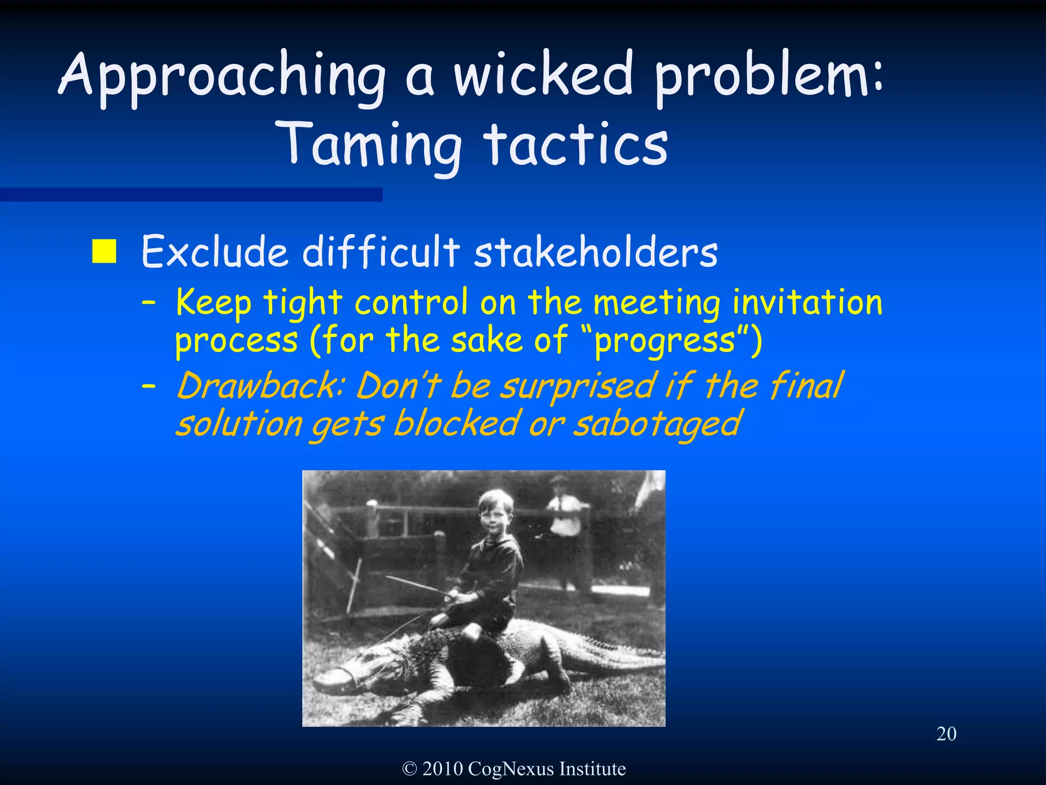 © 2010 CogNexus Institute17Approaching a wicked problem: Evasion tactics“We understand the problem, and we’ve already solved it!”(Engineering)