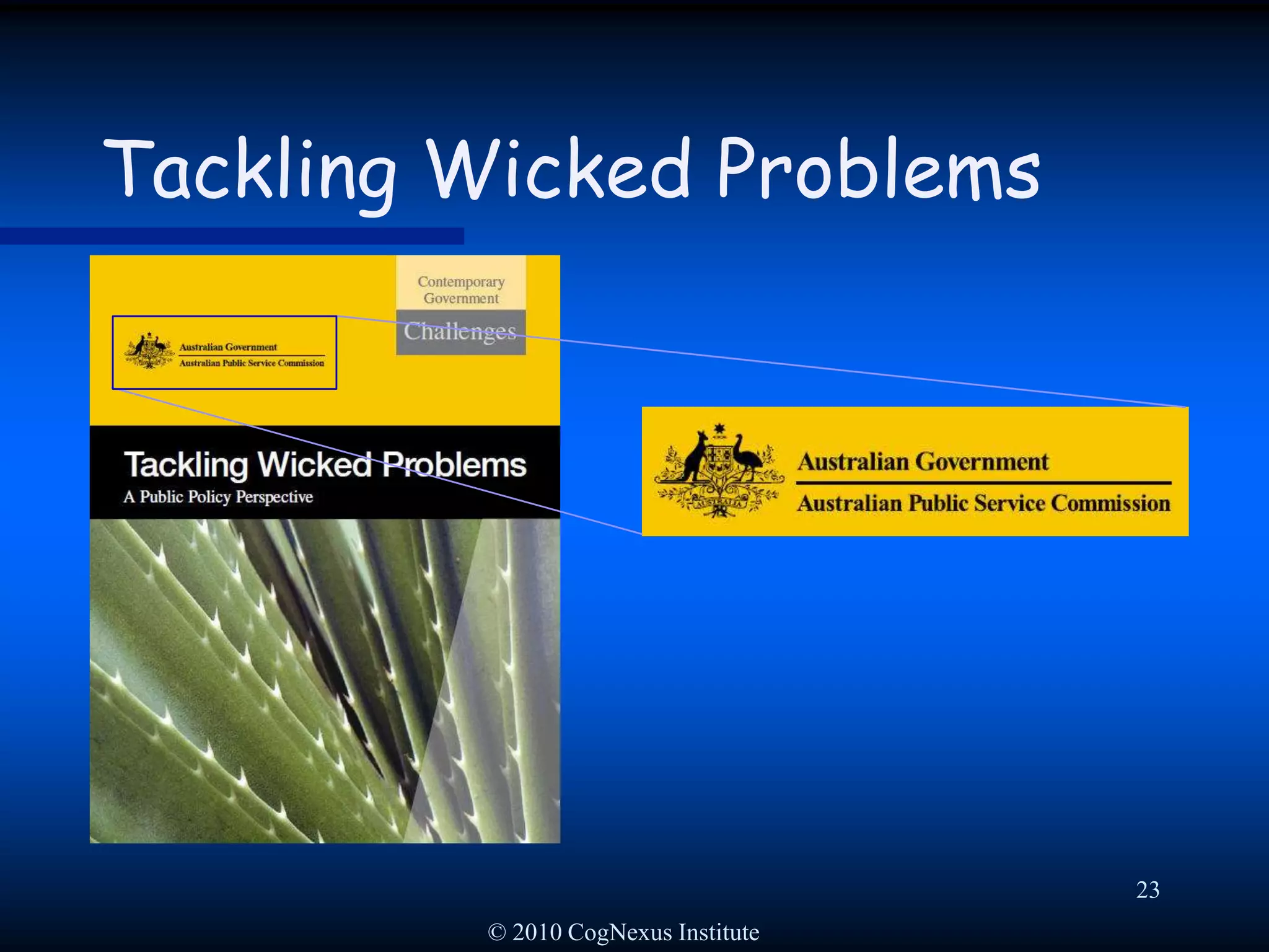© 2010 CogNexus Institute20Approaching a wicked problem: Taming tactics Exclude difficult stakeholdersKeep tight control on the meeting invitation process (for the sake of “progress”)Drawback: Don’t be surprised if the final solution gets blocked or sabotaged