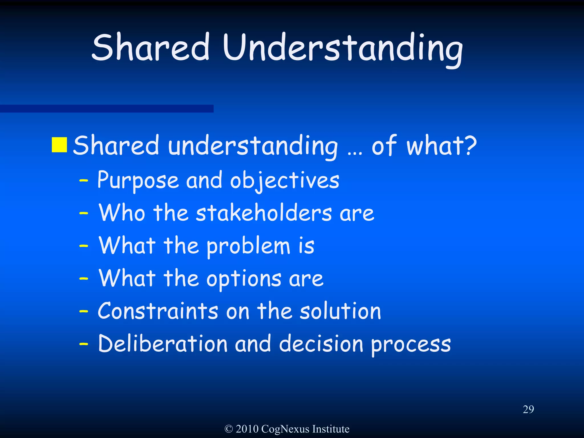 © 2010 CogNexus Institute26Three strategies for wicked problemsCompetitive:  Stakeholders compete for power and resourcesExample: When states compete for foreign and local investmentPro: InnovationPro: FlexibilityCon: Conflict and stalematesCon: Win-lose.  Does not create shared commitment among stakeholderswww.malaysiainfocus.com