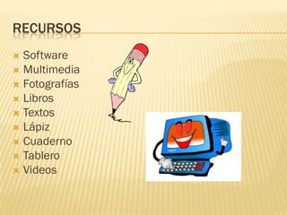 RECURSOS
 Software
 Multimedia
 Fotografías
 Libros
 Textos
 Lápiz
 Cuaderno
 Tablero
 Videos
 