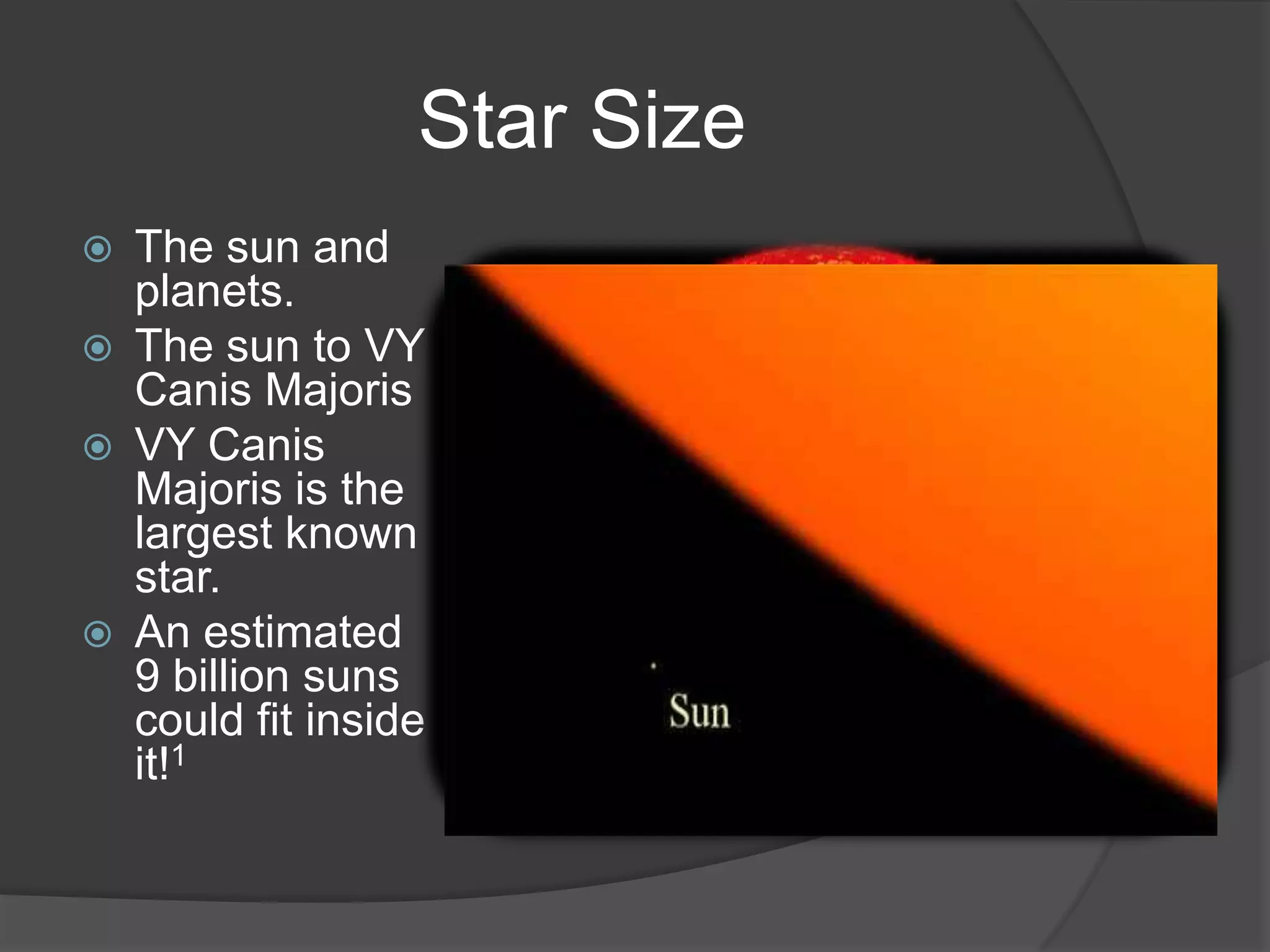 Star Size
   The sun and
    planets.
   The sun to VY
    Canis Majoris
   VY Canis
    Majoris is the
    largest known
    star.
   An estimated
    9 billion suns
    could fit inside
    it!1
 