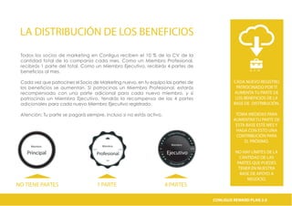 Todos los socios de marketing en Conligus reciben el 10 % de la CV de la
cantidad total de la companía cada mes. Como un Miembro Profesional,
recibirás 1 parte del total. Como un Miembro Ejecutivo, recibirás 4 partes de
beneficios al mes.
Cada vez que patrocines el Socio de Marketing nuevo, en tu equipo las partes de
los beneficios se aumentan. Si patrocinas un Miembro Profesional, estarás
recompensado con una parte adicional para cada nuevo miembro, y si
patrocinas un Miembro Ejecutivo, tendrás la recompensa de las 4 partes
adicionales para cada nuevo Miembro Ejecutivo registrado.
Atención: Tu parte se pagará siempre, incluso si no estás activo.
LA DISTRIBUCIÓN DE LOS BENEFICIOS
B . E . W
CADA NUEVO REGISTRO
PATROCINADO POR TÍ
AUMENTA TU PARTE DE
LOS BENEFICIOS DE LA
BASE DE DISTRIBUCIÓN.
TOMA MEDIDAS PARA
AUMENTAR TU PARTE DE
ESTA BASE ESTE MES Y
HAGA CON ESTO UNA
CONTRIBUCIÓN PARA
EL PRÓXIMO.
NO HAY LÍMITES DE LA
CANTIDAD DE LAS
PARTES QUE PUEDES
TENER EN NUESTRA
BASE DE APOYO A
NEGOCIO.
NO TIENE PARTES 1 PARTE 4 PARTES
CONLIGUS COMPENSATION PLAN 2.0CONLIGUS REWARD PLAN 2.0
Profesional
Miembro
Conligus Executive
Partner Package
Ejecutivo
Est. 2014
Miembro
Principal
Miembro
 
