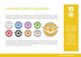 LA BONIFICACIÓN DE LIDERAZGO
Durante el crecimiento de tu liderazgo en la companía Conligus, premiamos a tí por la
participación y profesionalismo! Nuestro objetivo es el Cuidado, Promoción y Recompensa
de nuestros Líderes. Este programa de recompensa se llama el Fondo de Liderazgo (L.E.P).
Cuando recibe tus "estrellas" en Conligus y el Estatus Estelar, de acuerdo con esto
recibes el premio. Recibirás el 3 % de la cantidad mensual de CV de la companía.
Se trata de una iniciativa fantástica para Estrellas Brillantes de la companía Conligus, que
muestra la profundidad de nuestro apoyo.
.
TU CALIFICACIÓN EN
ESTE MES DETERMINA
EL NIVEL DE INGRESOS
EN EL PRÓXIMO MES
APOYAMOS A
NUESTROS LÍDERES,
OFRECIENDO ESTA
BONIFICACIÓN
EXCLUSIVA A LAS
ESTRELLAS
BRILLANTES DE LA
COMPAÑÍA CONLIGUS.
CONLIGUS COMPENSATION PLAN 2.0CONLIGUS REWARD PLAN 2.0
 