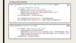 Configuration loading
public Startup(IHostingEnvironment env, IApplicationEnvironment appEnv)
{
// Set up configuration sources.
var builder = new ConfigurationBuilder()
.AddJsonFile("Configuration/AppSettings.json")
.AddJsonFile("Configuration/AmqpLoggingSettings.json")
.AddEnvironmentVariables();
this.Configuration = builder.Build();
this.Configuration["WebRootPath"] = env.WebRootPath;
this.Configuration["AppRootPath"] = appEnv.ApplicationBasePath;
}
RC1
public Startup(IHostingEnvironment env)
{
var builder = new ConfigurationBuilder()
.SetBasePath(env.ContentRootPath)
.AddJsonFile("appsettings.json", optional: true, reloadOnChange: true)
.AddJsonFile($"appsettings.{env.EnvironmentName}.json", optional: true)
.AddEnvironmentVariables();
Configuration = builder.Build();
}
RC2
 