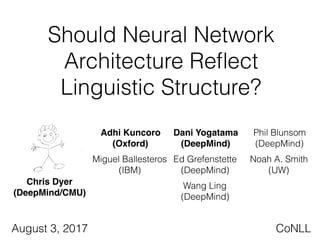 Should Neural Network
Architecture Reﬂect
Linguistic Structure?
CoNLLAugust 3, 2017
Adhi Kuncoro 
(Oxford)
Phil Blunsom 
(DeepMind)
Dani Yogatama 
(DeepMind)
Chris Dyer 
(DeepMind/CMU)
Miguel Ballesteros 
(IBM)
Wang Ling 
(DeepMind)
Noah A. Smith 
(UW)
Ed Grefenstette 
(DeepMind)
 