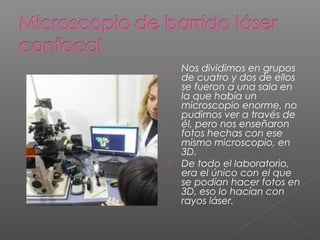 



Nos dividimos en grupos
de cuatro y dos de ellos
se fueron a una sala en
la que había un
microscopio enorme, no
pudimos ver a través de
él, pero nos enseñaron
fotos hechas con ese
mismo microscopio, en
3D.
De todo el laboratorio,
era el único con el que
se podían hacer fotos en
3D, eso lo hacían con
rayos láser.

 