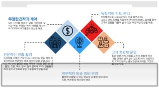 모든 단가를 방송국 납품 기준으로 실
시간 책정, 투명한 제작 예산을 제시하
여 가격대비 최고품질의 영상을 제공．
독창적인 기획, 콘티
무차별적으로 사용되고 있는 자료 화면과 CG
그리고 콘티 포맷을 지양하며 귀사만의 브랜드 컬러를 찾아
고객의 감동을 이끌어 낼 수 있는 독창적인 영상을 제공．
전문적인 연출 촬영
드라마를 비롯한 전문 FULL HD ENG 방송 제작 프
로덕션으로 전문적인 방송 장비만으로 운영. 모든 F
ULL HD ENG 촬영은 방송 제작에 기초한 전문 연 출
, 촬영, 조명, 특수 장비 팀이 콘티에 따라 연출촬영
하여 광고나 영화와 같은 고품질의 영상을 제공．
고객 컨펌제 운영
홍보 영상 제작 과정을 고객 의 컨펌에 따라
다음 단계로 넘어 갈수 있도록 하여 최종적으
로 고객이 원하는 홍보영상에 최대한 가깝도
록 하고 있음.
전문적인 방송 장비 운영
촬영에 이용할 수 있는 방송국 급 촬영 장비 완비.
드론, 액션캠 등 특수장비 보유
 