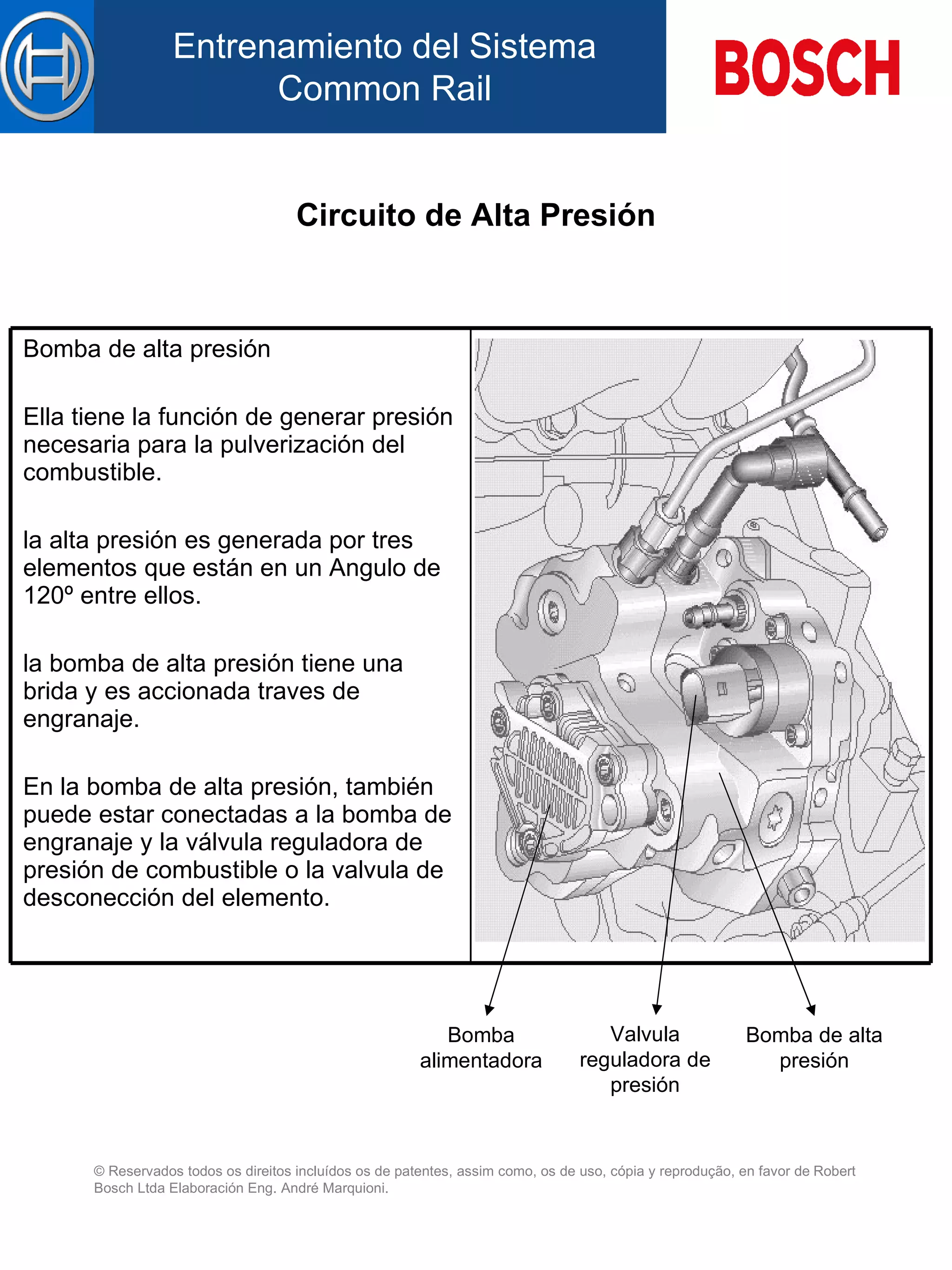 Circuito de Alta Presión Bomba alimentadora Bomba de alta presión Valvula reguladora de presión Bomba de alta presión   El l a tiene la función de generar presión necesaria para la pulverización d el  combustible.   la alta presión es generada por tres elementos que están en un Angulo de 120º entre ellos.   la bomba de alta presión tiene un a  brida  y  es accionada  traves de  engranaje.   En la b omba  de alta presión, también  puede  est ar  conectadas  a  la bomba de engranaje  y  la válvula reguladora de presión de combustible o la valvula de desconección del elemento.   
