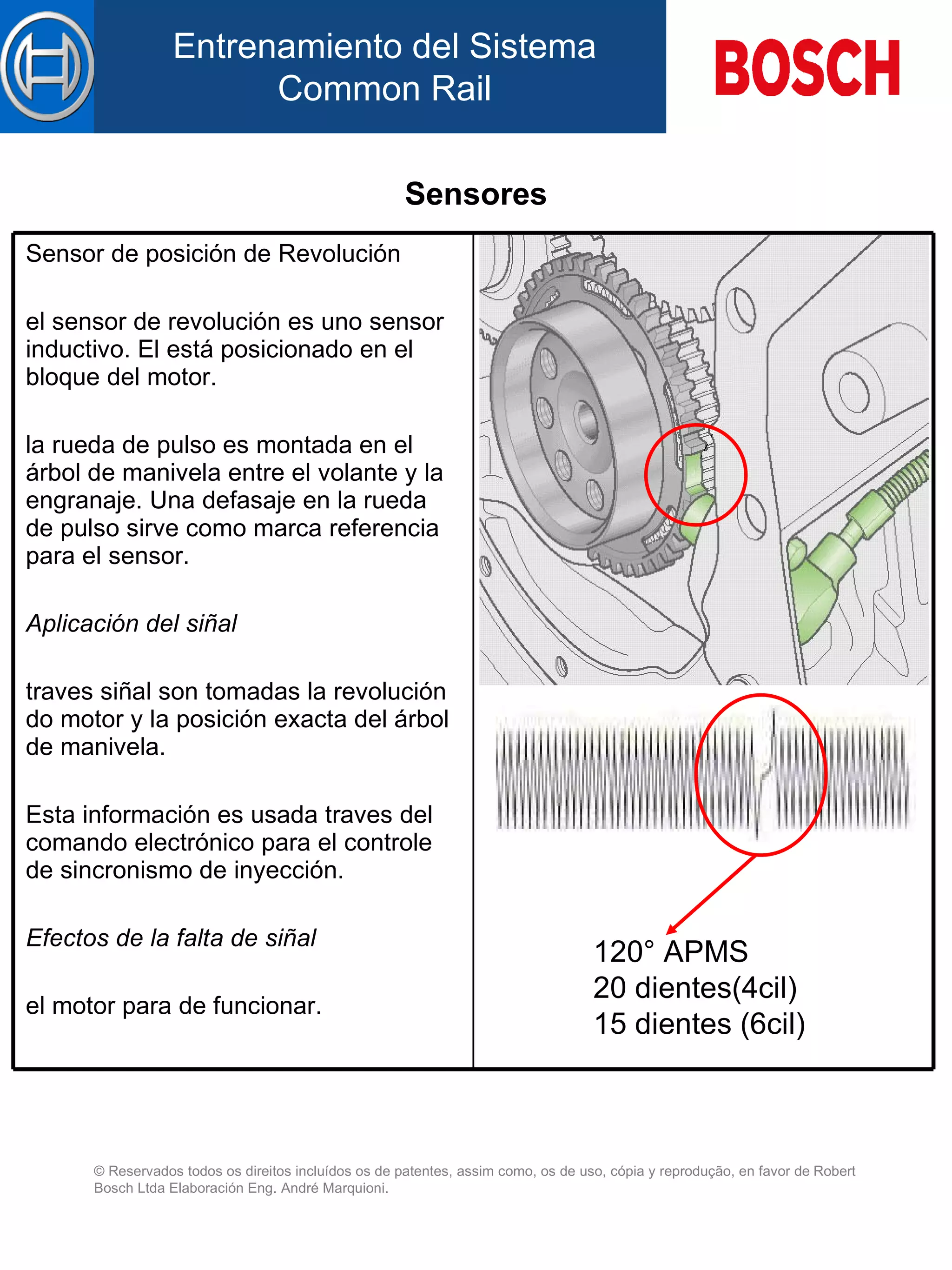 Sensores 120 ° APMS 20 dientes(4cil) 15 dientes (6cil) Sensor de posición de  Revolución el sensor de  revolución  es un o  sensor inductivo. El está posicionado  en el  bloque d el  motor.   la rueda de pulso es montada en  el  árbol de manivela entre el volante y la engranaje. Una defasaje en la rueda de pulso sirve como marca referencia para el sensor.   Aplicación d el  siñal   traves siñal son tomadas la revolución do motor y la posición exacta del árbol de manivela.   Esta información es usada traves  del  comando electrónico para el controle de sincronismo de inyección.   Efectos de la falta de siñal   el motor para de funcionar.  