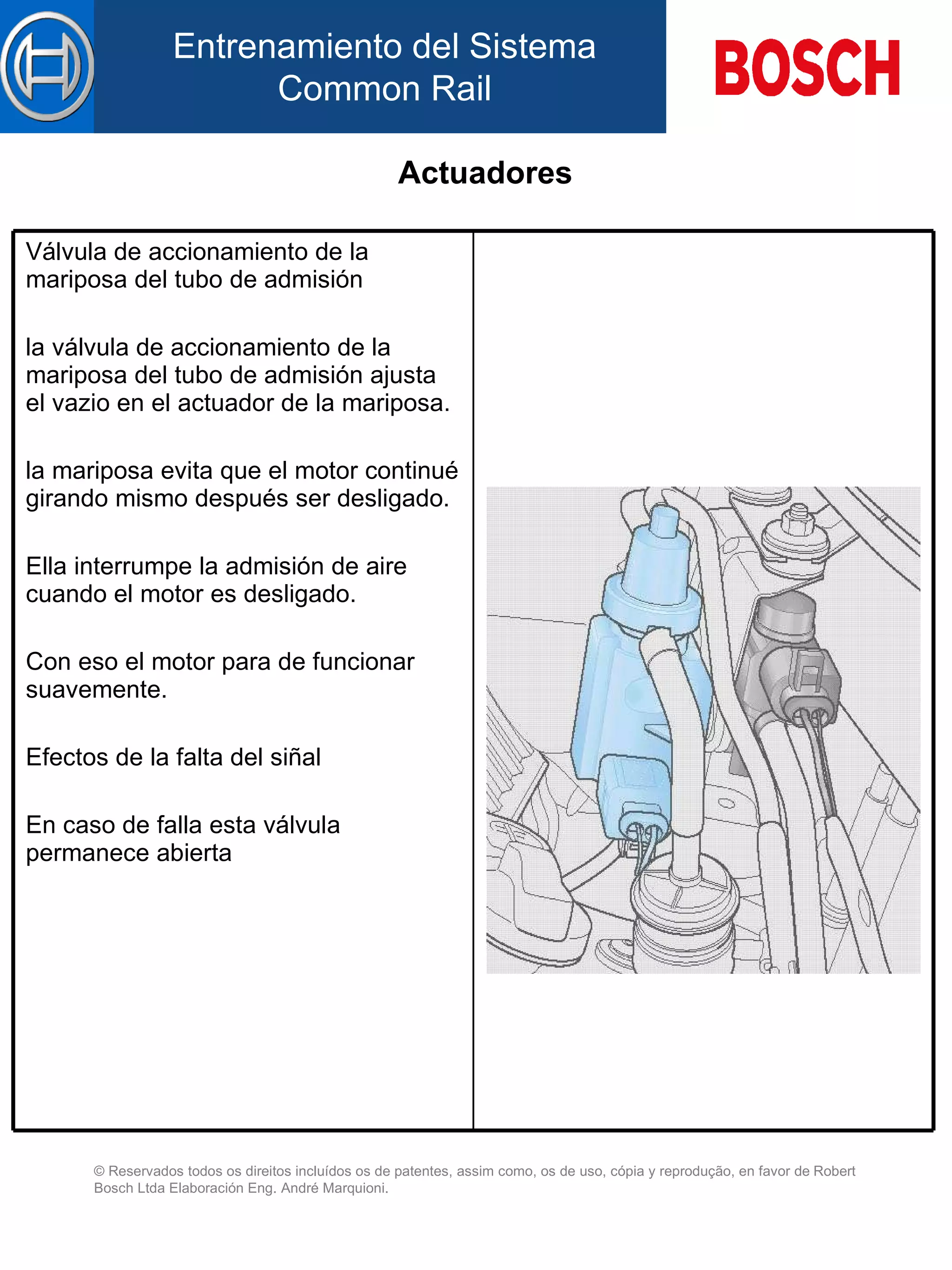 Actuadores Válvula de accionamiento de la mariposa d el  tubo de admisión   la válvula de accionamiento de la mariposa d el  tubo de admisión  ajusta  el vazio  en el  actuador de la mariposa. la mariposa evita que el motor continué girando mismo después ser desligado. El l a interrumpe la admisión de aire cuando el motor es desligado. Con eso el motor para de funcionar suavemente.   Efectos de la falta de l  siñal   En caso de falla esta válvula permanece abierta   