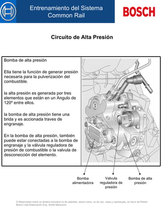 Circuito de Alta Presión Bomba alimentadora Bomba de alta presión Valvula reguladora de presión Bomba de alta presión   El l a tiene la función de generar presión necesaria para la pulverización d el  combustible.   la alta presión es generada por tres elementos que están en un Angulo de 120º entre ellos.   la bomba de alta presión tiene un a  brida  y  es accionada  traves de  engranaje.   En la b omba  de alta presión, también  puede  est ar  conectadas  a  la bomba de engranaje  y  la válvula reguladora de presión de combustible o la valvula de desconección del elemento.   