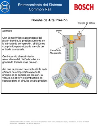 Bomba de Alta Presión Valvula de salida Disco Camara de Alta presión Bombeó   Con el movimiento ascendente d el  pistón-bomba, la presión aumenta en la cámara de compresión. el disco es comprimido para  riba   y  la válvula de entrada es  cerrada .   Continuando el movimiento ascendente d el  pistón-bomba es generada todavía mas presión.   Así que la presión d e  combustible en la cámara de compresión excede la presión en la cámara de presión, la válvula se abre  y  el combustible es liberado para el circuito de alta presión.   