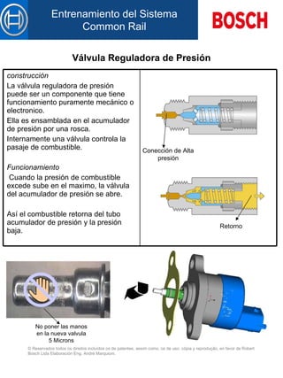 Válvula Reguladora de Presión Conección de Alta presión Retorno No poner las manos en la nueva valvula 5 Microns construcción   La válvula reguladora de presión puede ser un componente que tiene funcionamiento puramente mecánico o electronico. El l a es  ensamblada en el  acumulador de presión por una rosca. Internamente una válvula controla la pasaje de combustible. Funcionamiento   Cuando la presión de combustible excede sube en el  maximo , la válvula del acumulador de presión se abre. Así el combustible retorna d el  tubo acumulador de presión  y  la presión  baja .   