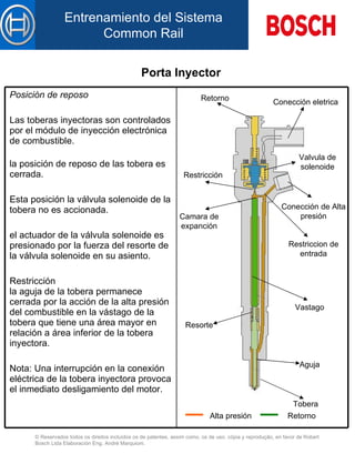 Porta Inyector Camara de expanción Restricción Retorno Resorte Tobera Aguja Vastago Restriccion de entrada Conección de Alta presión Valvula de solenoide Conección eletrica Alta presión Retorno Posición de reposo   La s toberas inyector a s son controlados p or el  módulo de inyección electrónica de combustible. la posición de reposo d e las  tobera es  cerrada .   Esta posición la válvula solenoide d e la  tobera no es accionada.   el actuador de la válvula solenoide es presionado p or la  fuerza de l   resorte  de la válvula solenoide en su asiento. Restricción la aguja d e la  tobera permanece  cerrada  p or la  acción de la alta presión d el  combustible en la vástago d e la  tobera que tiene una área mayor en relación a área inferior d e la  tobera inyector a .   Nota: Una interrupción en la conexión eléctrica d e la  tobera inyector a  provoca el inmediato desligamiento d el  motor. 