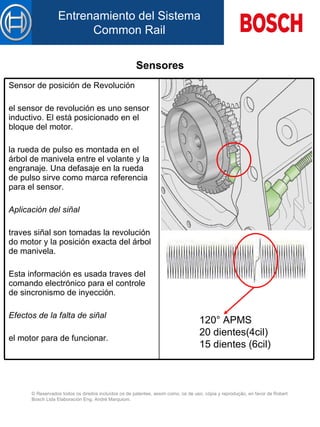 Sensores 120 ° APMS 20 dientes(4cil) 15 dientes (6cil) Sensor de posición de  Revolución el sensor de  revolución  es un o  sensor inductivo. El está posicionado  en el  bloque d el  motor.   la rueda de pulso es montada en  el  árbol de manivela entre el volante y la engranaje. Una defasaje en la rueda de pulso sirve como marca referencia para el sensor.   Aplicación d el  siñal   traves siñal son tomadas la revolución do motor y la posición exacta del árbol de manivela.   Esta información es usada traves  del  comando electrónico para el controle de sincronismo de inyección.   Efectos de la falta de siñal   el motor para de funcionar.  